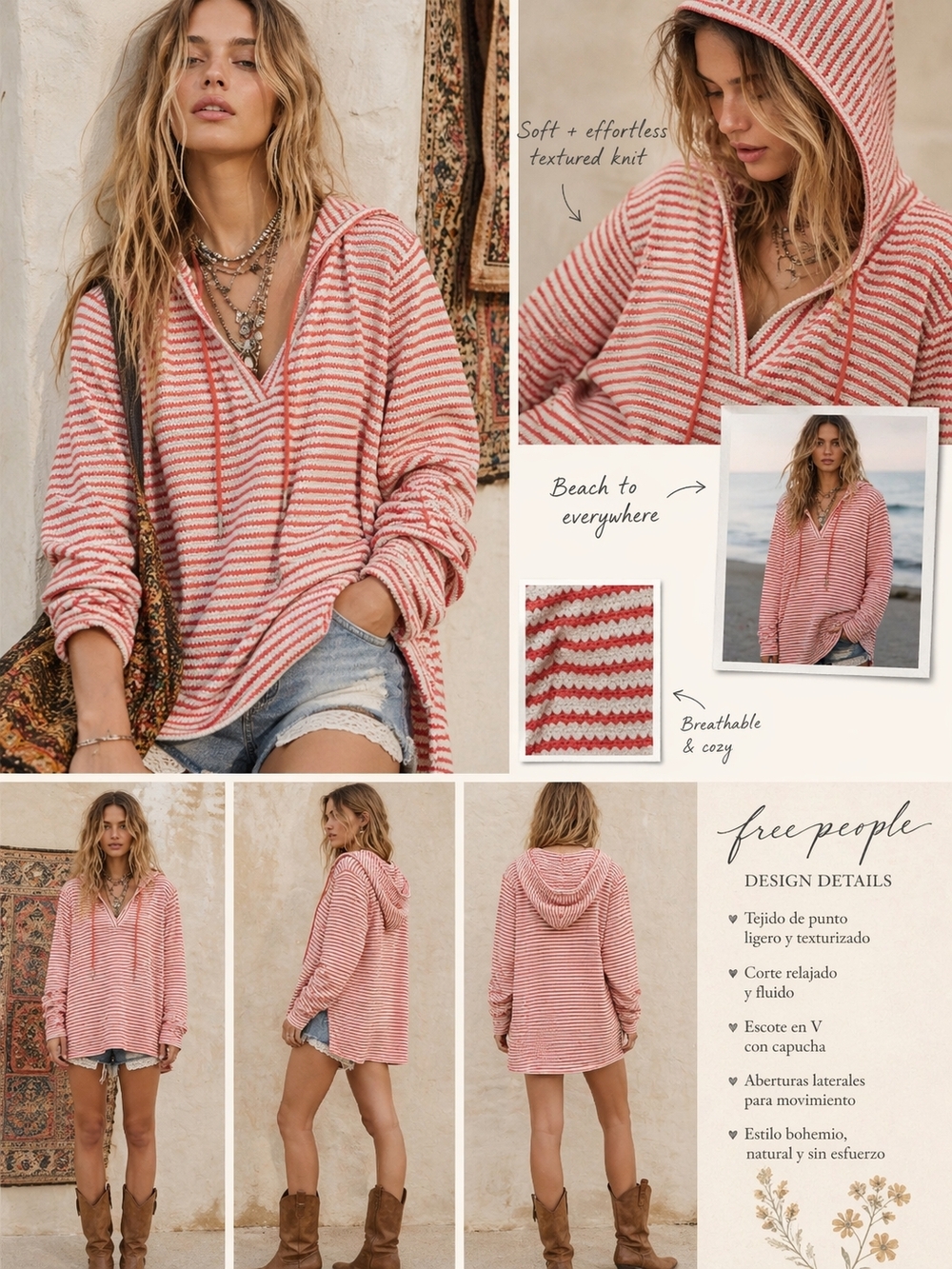 Belle Kim Gravel Striped Hooded Sweater Orange White Lightweight Women L